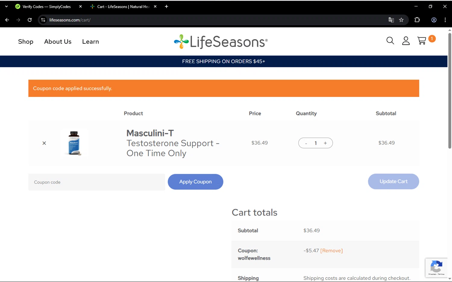 LifeSeasons promo code screenshot showing code wolfewellness applied at LifeSeasons checkout page. Uploaded by SimplyCodes community member feliutorres on Apr 21, 2025