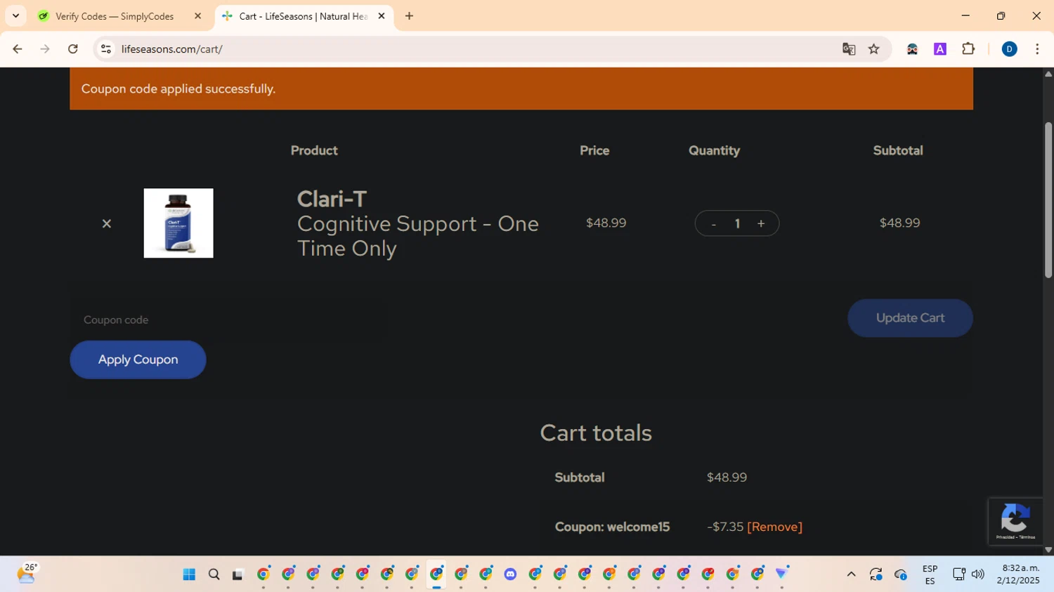 LifeSeasons promo code screenshot showing code WELCOME15 applied at LifeSeasons checkout page. Uploaded by SimplyCodes community member DealVoyager8768 on Dec 2, 2025