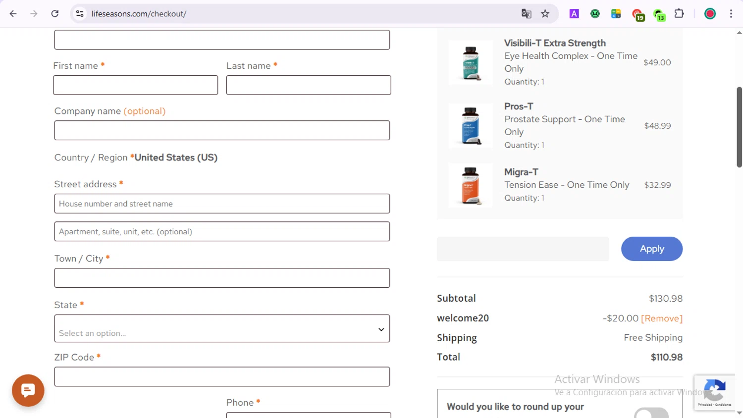 LifeSeasons promo code screenshot showing code WELCOME20 applied at LifeSeasons checkout page. Uploaded by SimplyCodes community member LOVECOUPON on Aug 13, 2025