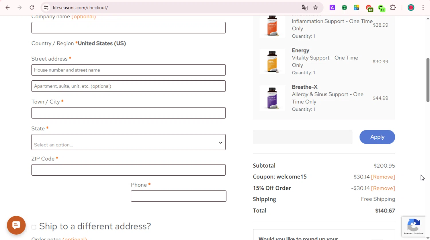 LifeSeasons promo code screenshot showing code WELCOME15 applied at LifeSeasons checkout page. Uploaded by SimplyCodes community member LOVECOUPON on Aug 7, 2025