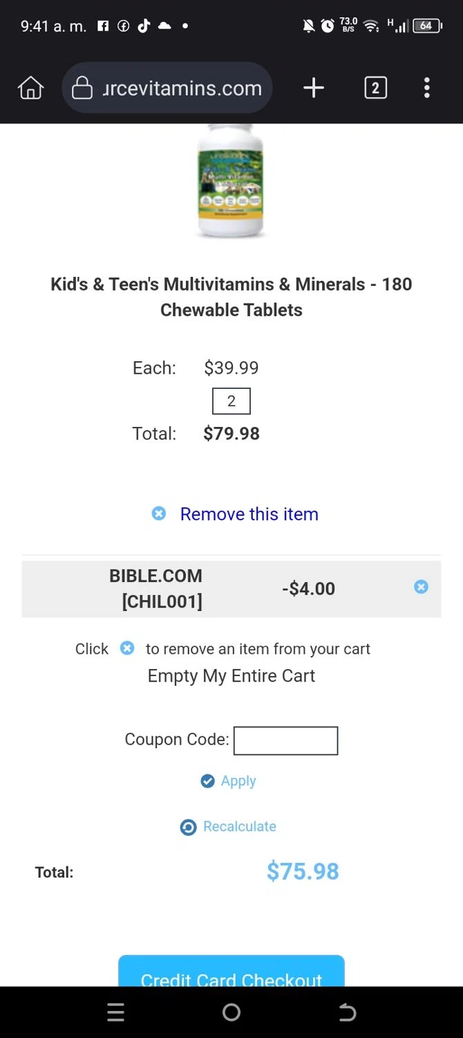 LifeSource Vitamins coupon code screenshot showing code BIBLE.COM applied at LifeSource Vitamins checkout page. Uploaded by SimplyCodes community member jhonmcflayers on Mar 19, 2025