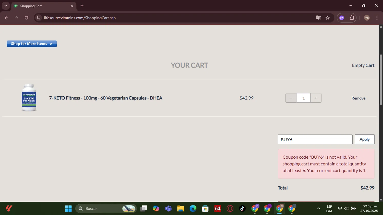 LifeSource Vitamins checkout page showing LifeSource Vitamins coupon code box | Screenshot taken by SimplyCodes community member on Oct 27, 2025
