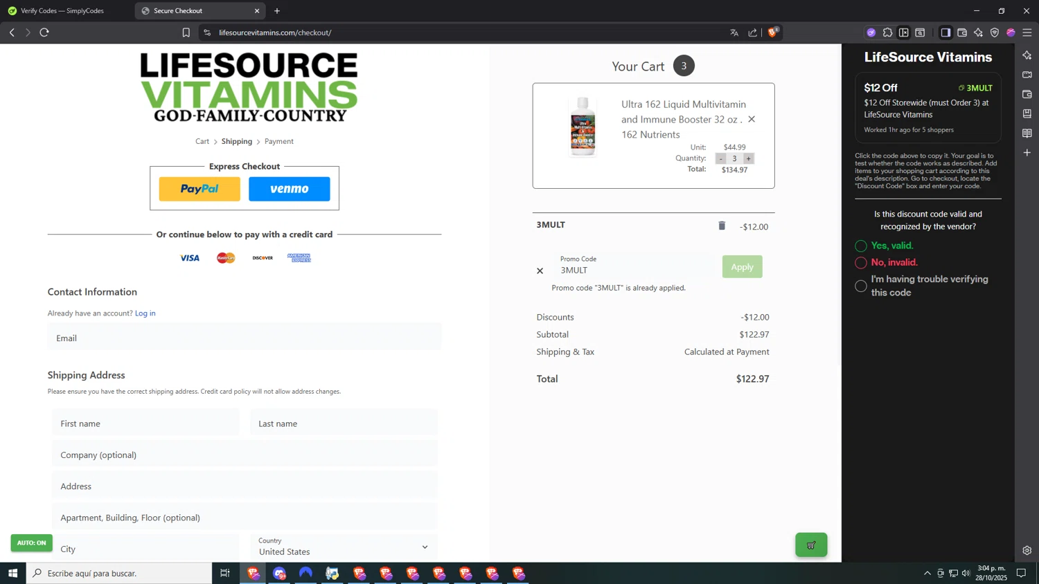 LifeSource Vitamins checkout page showing LifeSource Vitamins coupon code box | Screenshot taken by SimplyCodes community member on Oct 28, 2025