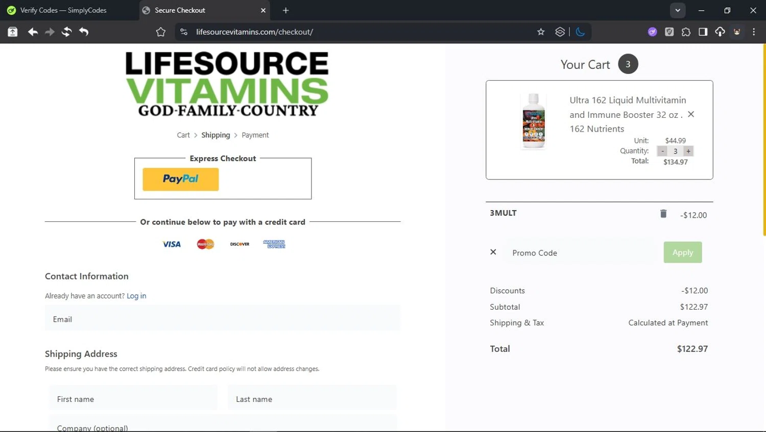 LifeSource Vitamins checkout page showing LifeSource Vitamins coupon code box | Screenshot taken by SimplyCodes community member on Oct 28, 2025