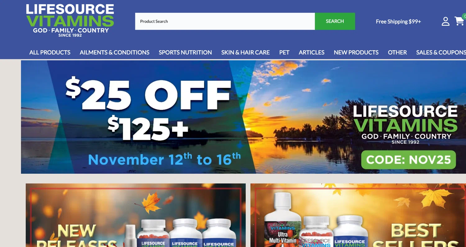 LifeSource Vitamins coupon code screenshot showing code NOV25 applied at LifeSource Vitamins checkout page. Uploaded by SimplyCodes community member ELOIN777 on Nov 16, 2025