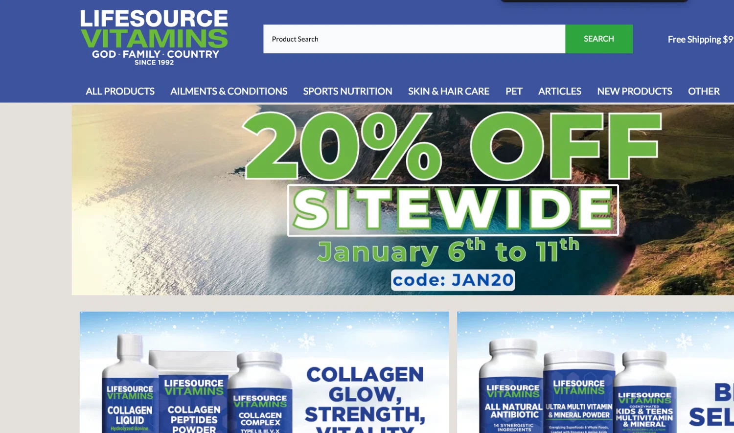LifeSource Vitamins coupon code screenshot showing code JAN20 applied at LifeSource Vitamins checkout page. Uploaded by SimplyCodes community member ELOIN777 on Jan 9, 2026