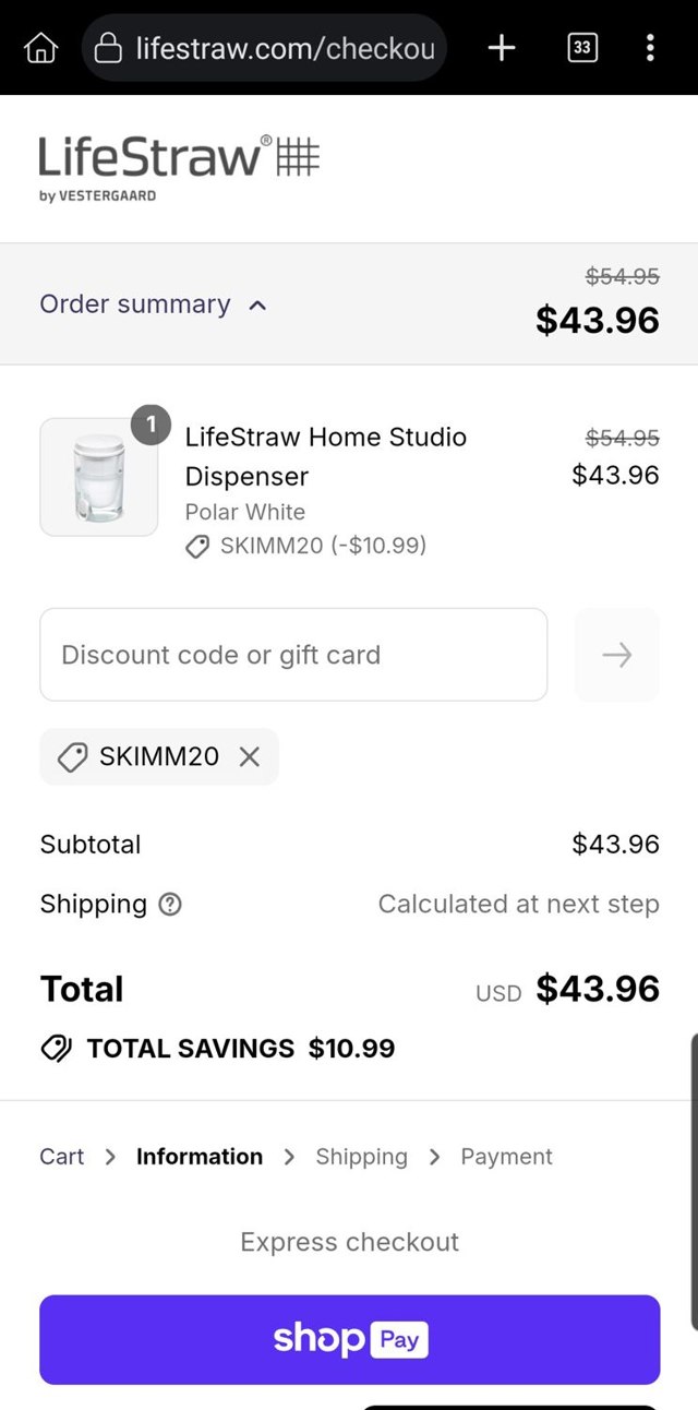 LifeStraw checkout page showing LifeStraw discount code box | Screenshot taken by SimplyCodes community member on Aug 26, 2025