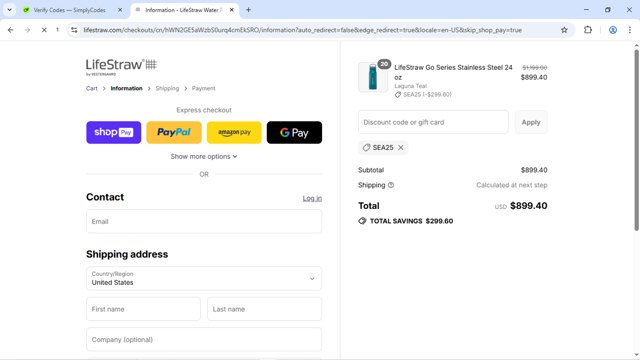 LifeStraw checkout page showing LifeStraw discount code box | Screenshot taken by SimplyCodes community member on Aug 26, 2025