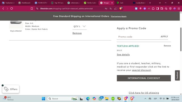 LifeStride checkout page showing LifeStride promo code box | Screenshot taken by SimplyCodes community member on Jun 18, 2025