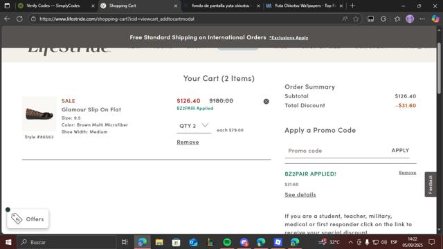 LifeStride checkout page showing LifeStride promo code box | Screenshot taken by SimplyCodes community member on Sep 5, 2025