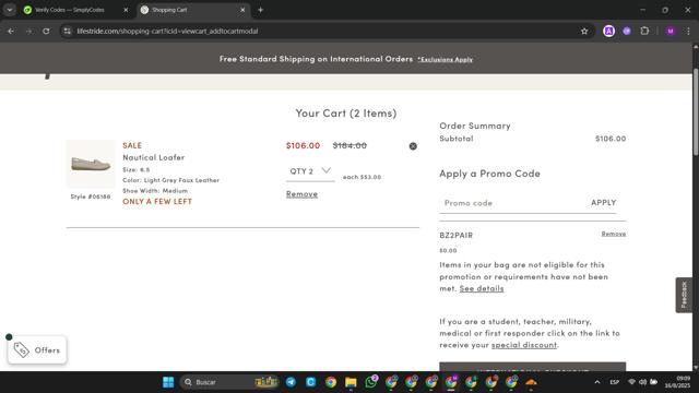 LifeStride checkout page showing LifeStride promo code box | Screenshot taken by SimplyCodes community member on Aug 16, 2025