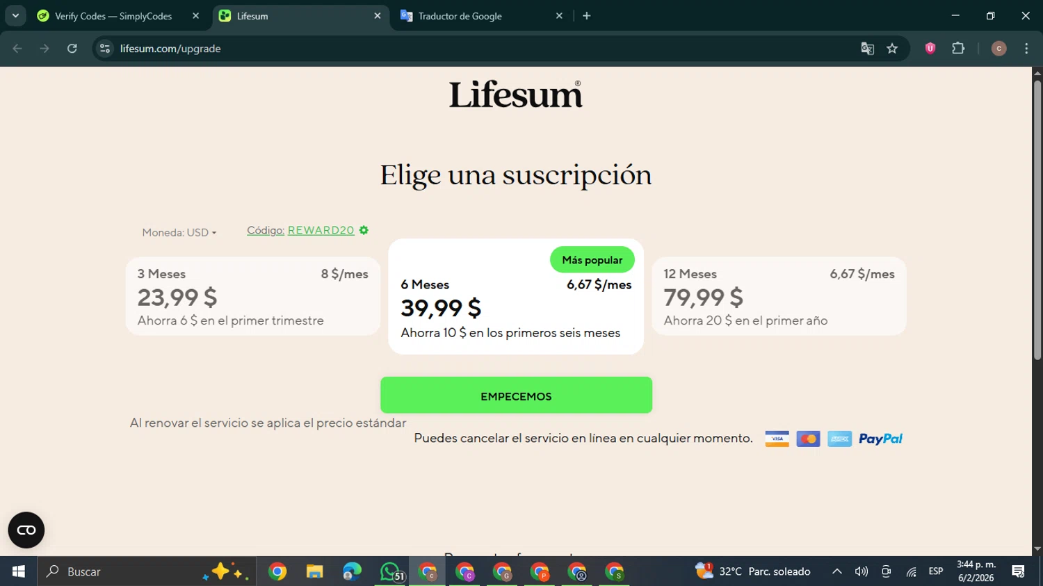 Lifesum promo code screenshot showing code REWARD20 applied at Lifesum checkout page. Uploaded by SimplyCodes community member NobleExpert6497 on Feb 6, 2026