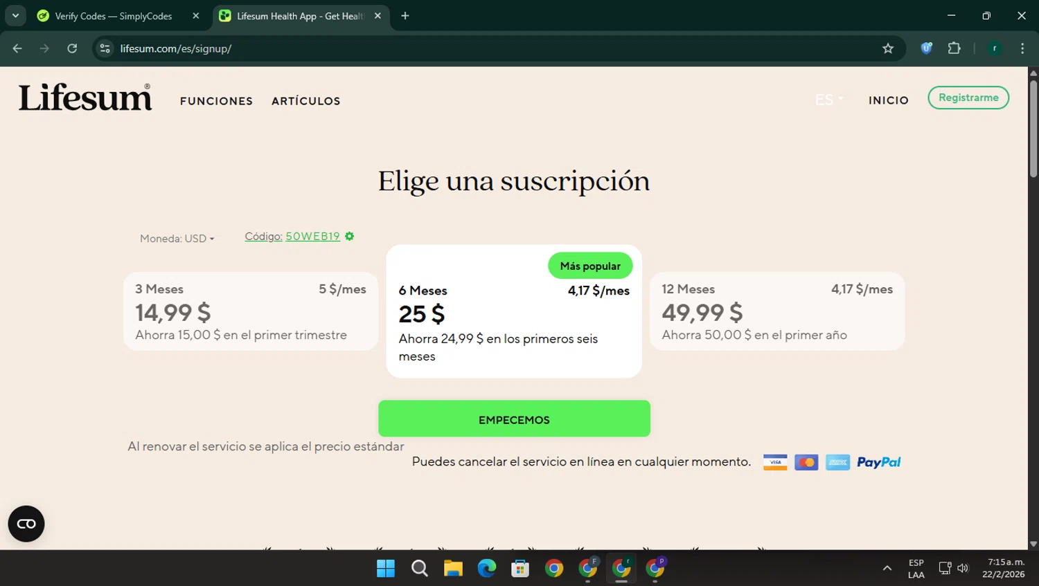 Lifesum promo code screenshot showing code 50WEB19 applied at Lifesum checkout page. Uploaded by SimplyCodes community member rodri1 on Feb 22, 2026