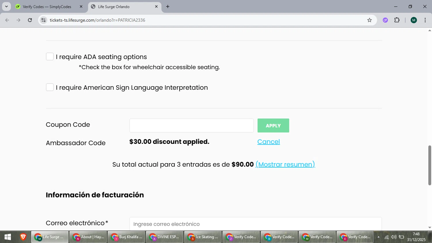 LIFE SURGE checkout page showing LIFE SURGE discount code box | Screenshot taken by SimplyCodes community member on Dec 31, 2025