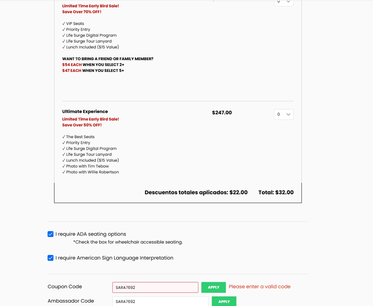 LIFE SURGE discount code screenshot showing code SARA7692 applied at LIFE SURGE checkout page. Uploaded by SimplyCodes community member reggiesmith on Feb 5, 2026