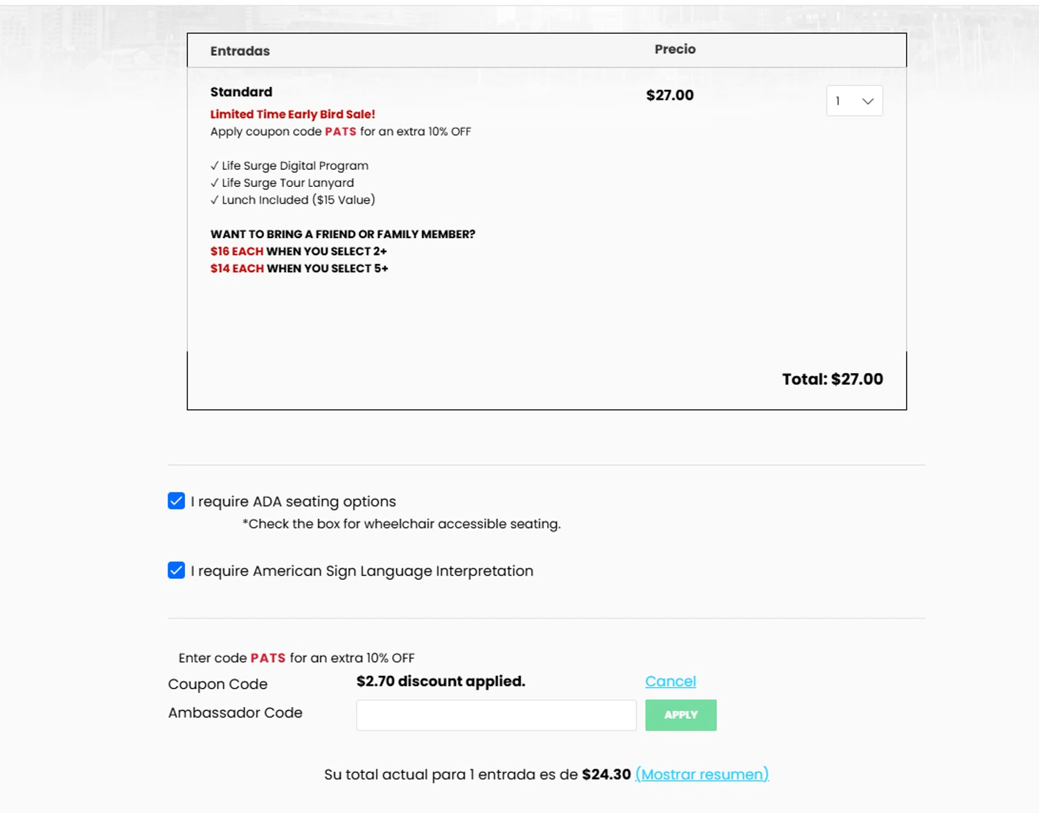 LIFE SURGE discount code screenshot showing code PATS applied at LIFE SURGE checkout page. Uploaded by SimplyCodes community member reggiesmith on Feb 5, 2026