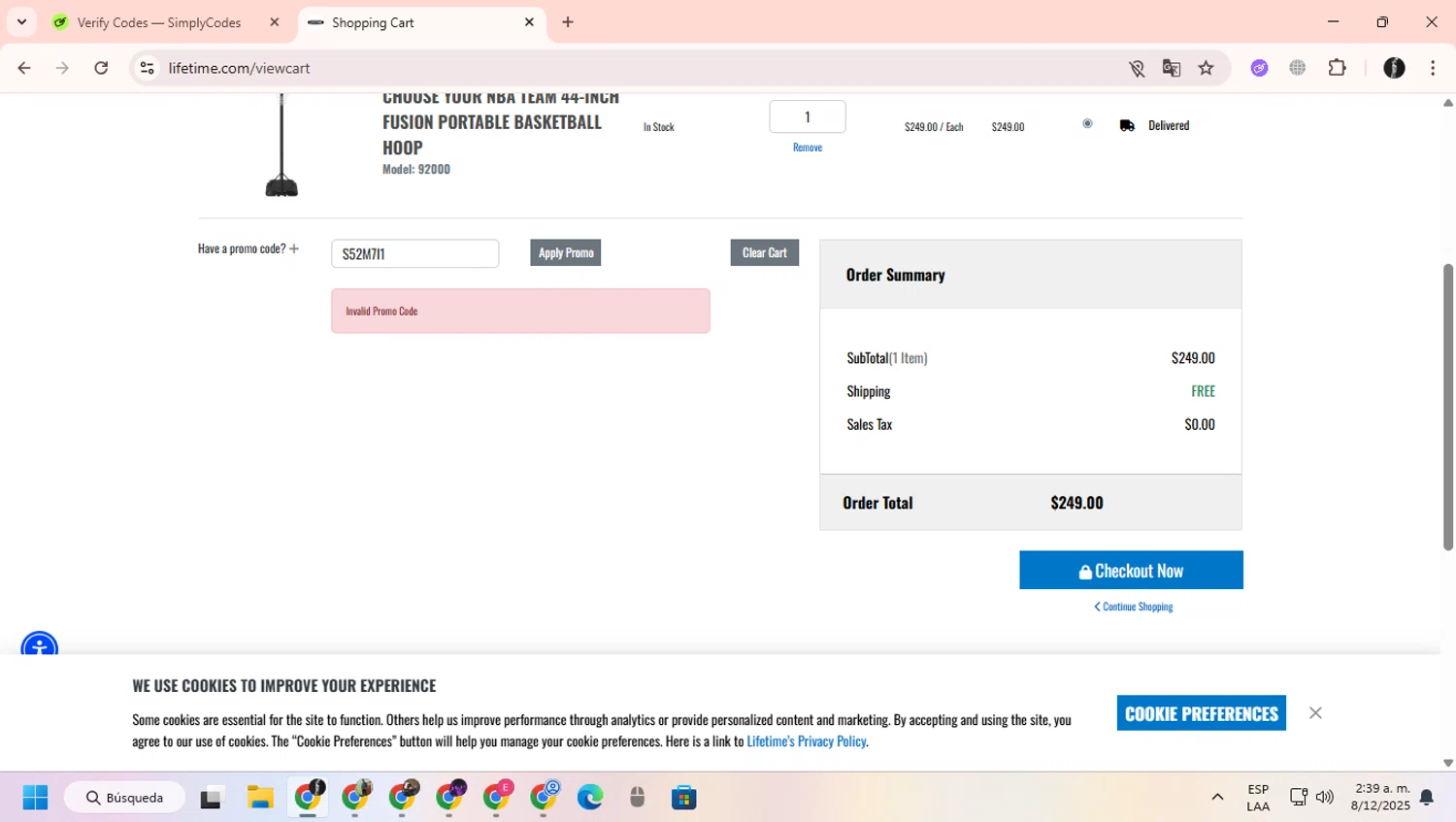 Lifetime Products coupon code screenshot showing code S52M7I1 applied at Lifetime Products checkout page. Uploaded by SimplyCodes community member ChinoYugiXD on Dec 8, 2025