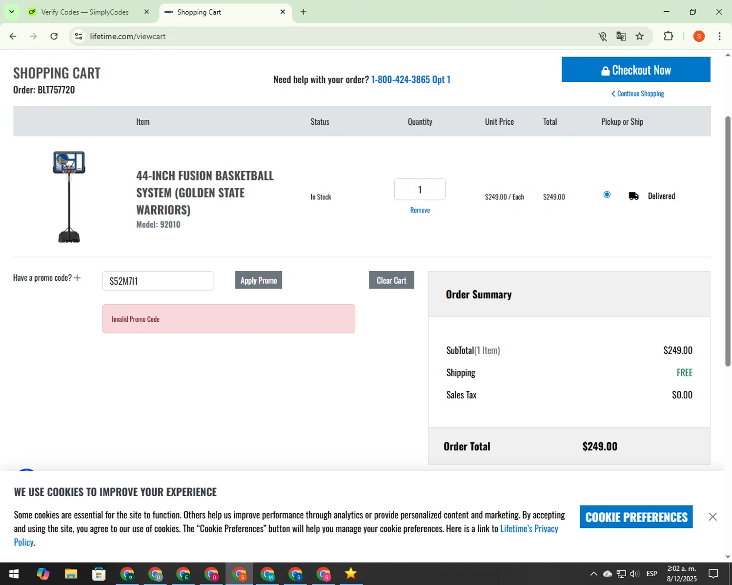 Lifetime Products coupon code screenshot showing code S52M7I1 applied at Lifetime Products checkout page. Uploaded by SimplyCodes community member CrownBoss9623 on Dec 8, 2025