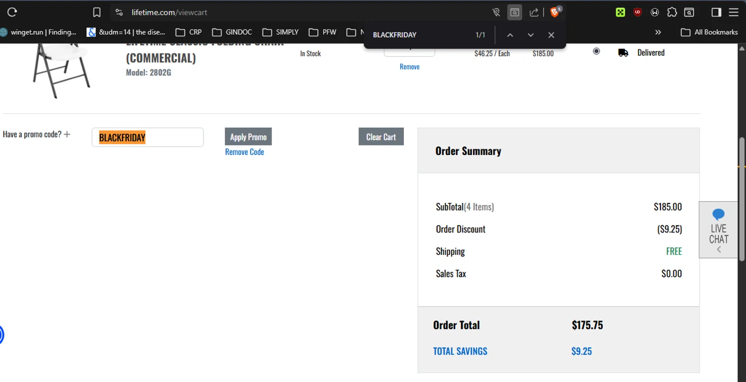 Lifetime Products coupon code screenshot showing code BLACKFRIDAY applied at Lifetime Products checkout page. Uploaded by SimplyCodes community member RickhiK on Nov 25, 2025