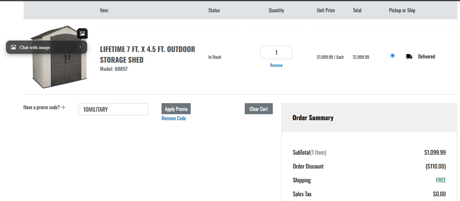 Lifetime Products coupon code screenshot showing code 10military applied at Lifetime Products checkout page. Uploaded by SimplyCodes community member ashe1986 on Jul 3, 2025