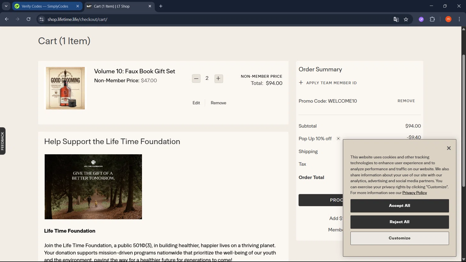 Life Time promo code screenshot showing code WELCOME10 applied at Life Time checkout page. Uploaded by SimplyCodes community member PromoMonarch895 on Jul 3, 2025