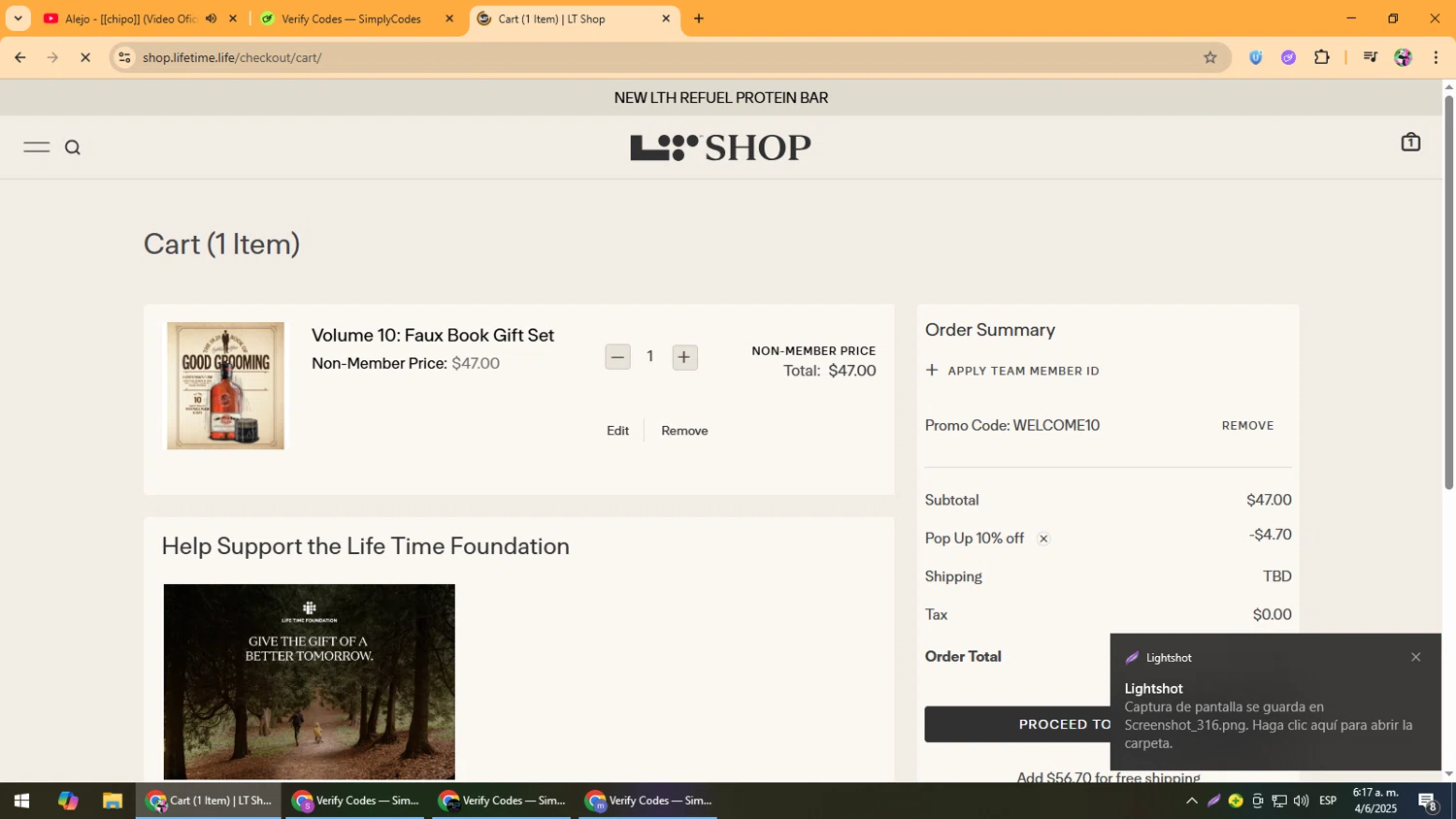 Life Time promo code screenshot showing code WELCOME10 applied at Life Time checkout page. Uploaded by SimplyCodes community member Vanmanuel on Jun 4, 2025