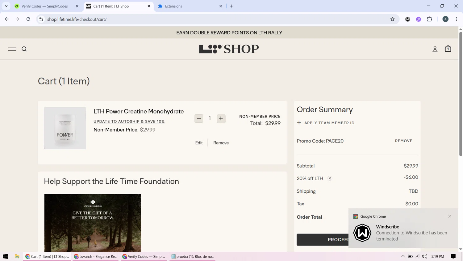 Life Time promo code screenshot showing code PACE20 applied at Life Time checkout page. Uploaded by SimplyCodes community member BonusMonarch7015 on Oct 23, 2025