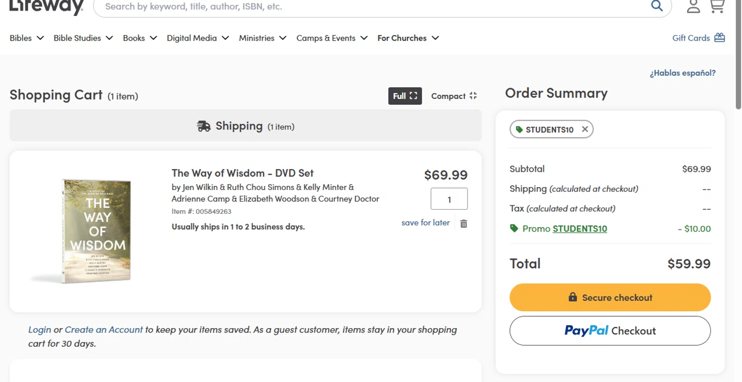 Lifeway Christian Resources promo code screenshot showing code STUDENTS10 applied at Lifeway Christian Resources checkout page. Uploaded by SimplyCodes community member Fish3r on Sep 5, 2025