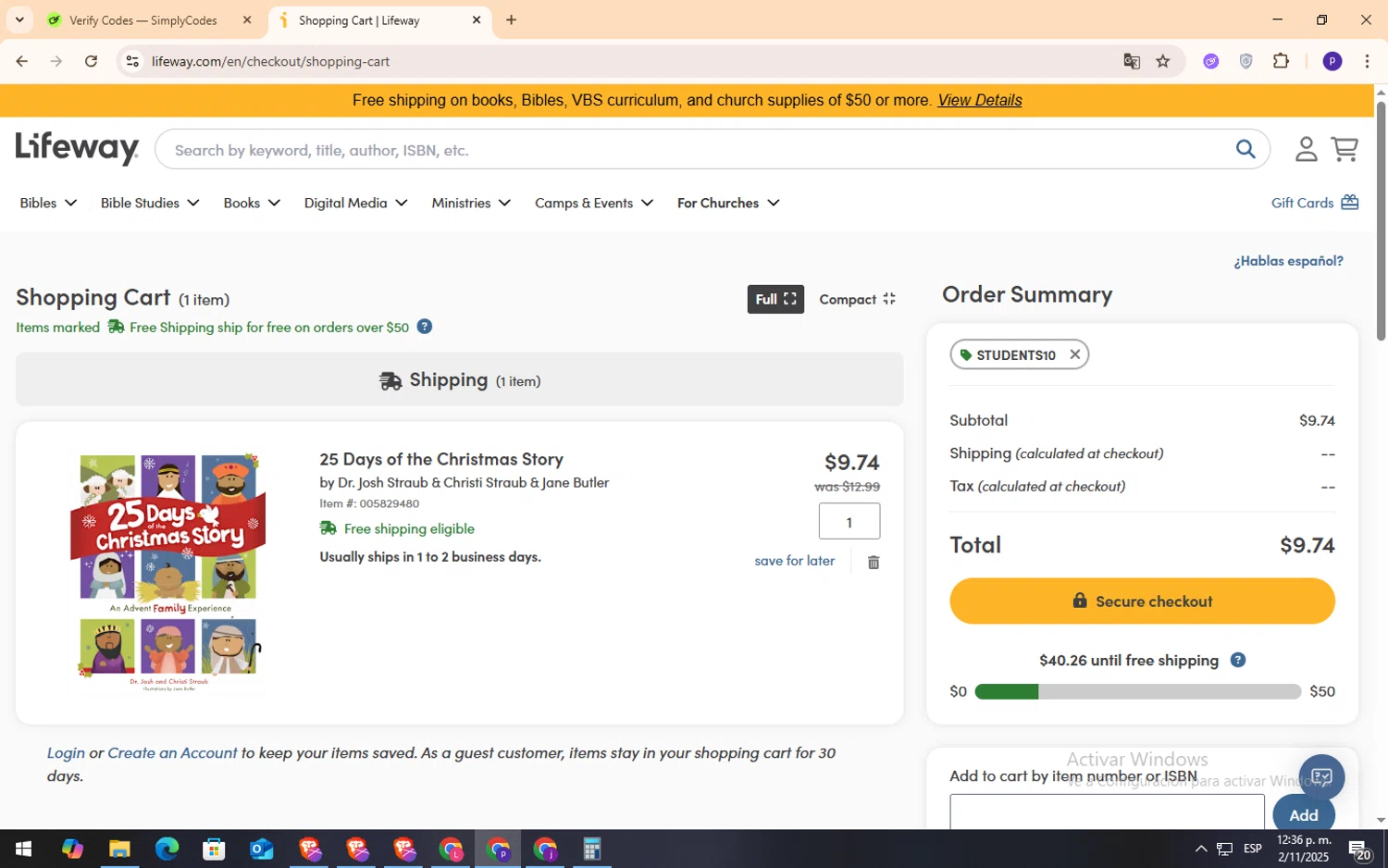 Lifeway Christian Resources promo code screenshot showing code STUDENTS10 applied at Lifeway Christian Resources checkout page. Uploaded by SimplyCodes community member NobleFox9153 on Nov 2, 2025