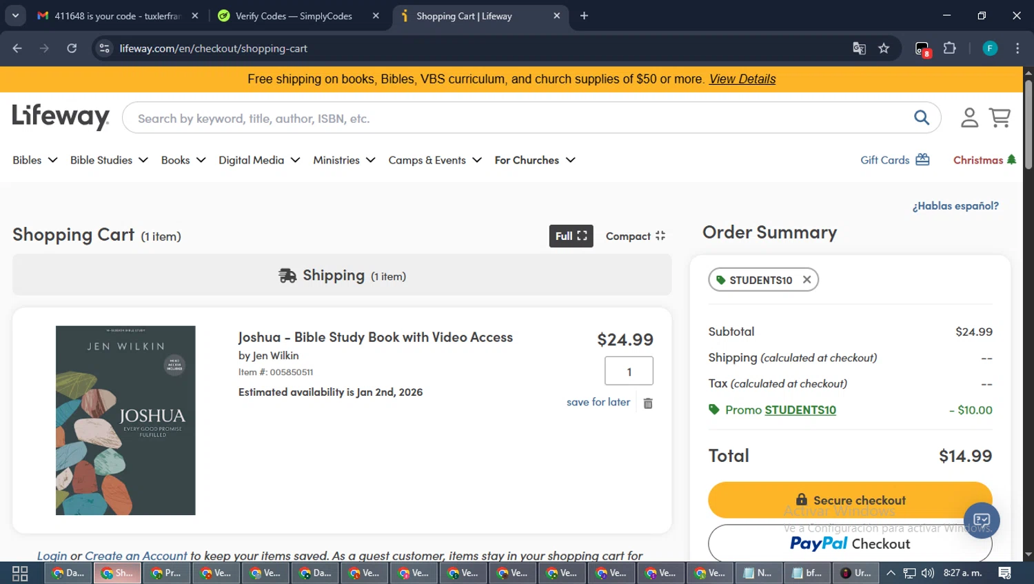 Lifeway Christian Resources promo code screenshot showing code STUDENTS10 applied at Lifeway Christian Resources checkout page. Uploaded by SimplyCodes community member ShrewdTitan3233 on Dec 2, 2025