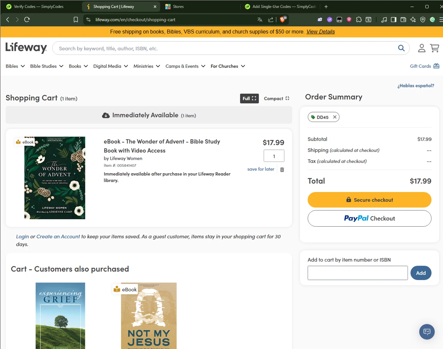 Lifeway Christian Resources promo code screenshot showing code DD45 applied at Lifeway Christian Resources checkout page. Uploaded by SimplyCodes community member AliceLidell on Nov 7, 2025