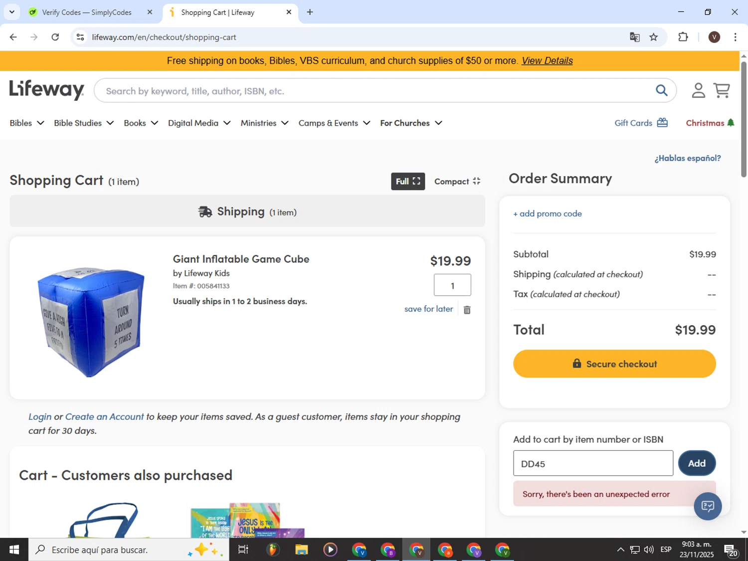 Lifeway Christian Resources promo code screenshot showing code DD45 applied at Lifeway Christian Resources checkout page. Uploaded by SimplyCodes community member CashLion3448 on Nov 23, 2025