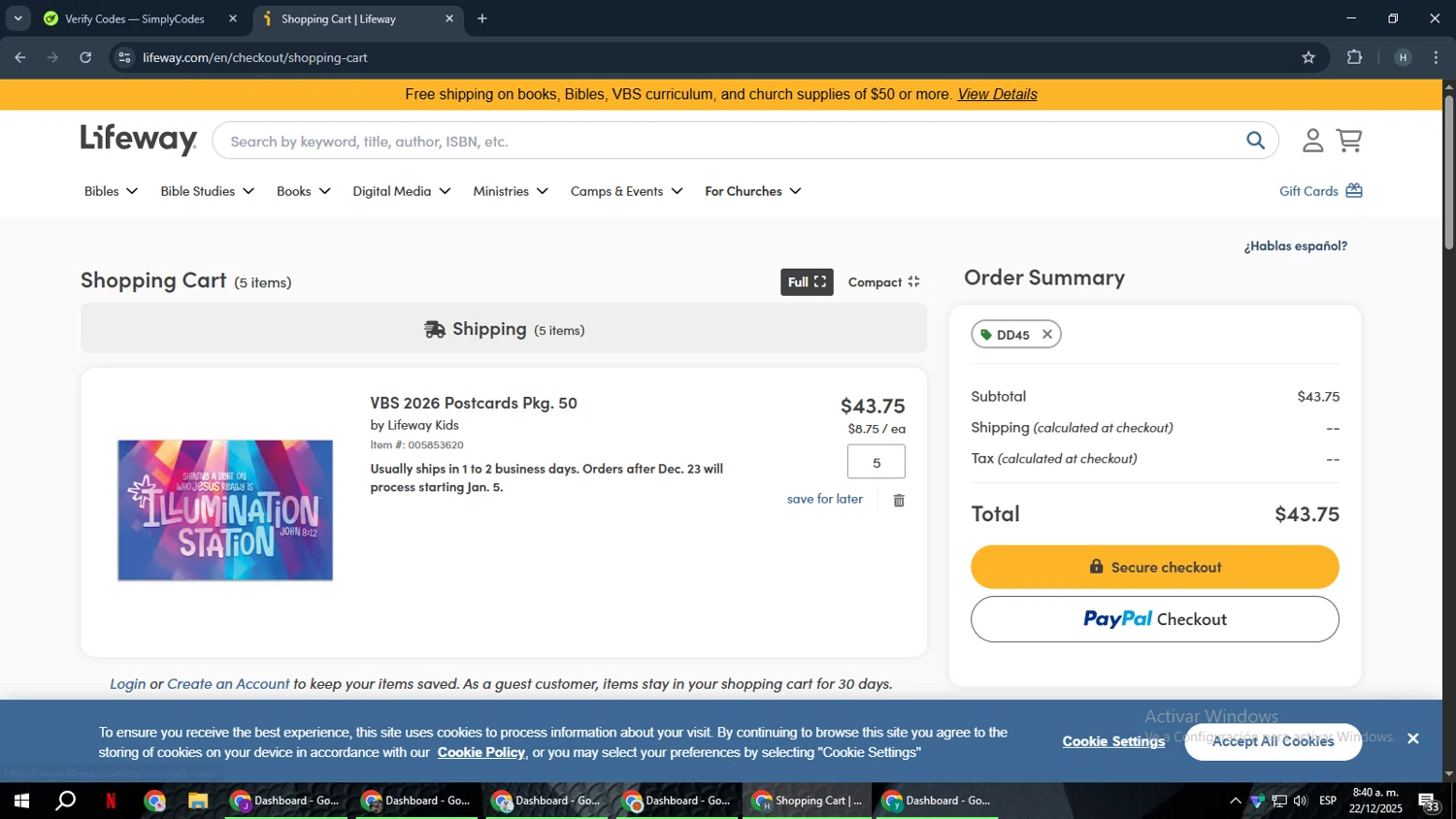 Lifeway Christian Resources promo code screenshot showing code DD45 applied at Lifeway Christian Resources checkout page. Uploaded by SimplyCodes community member YAMAHA on Dec 22, 2025