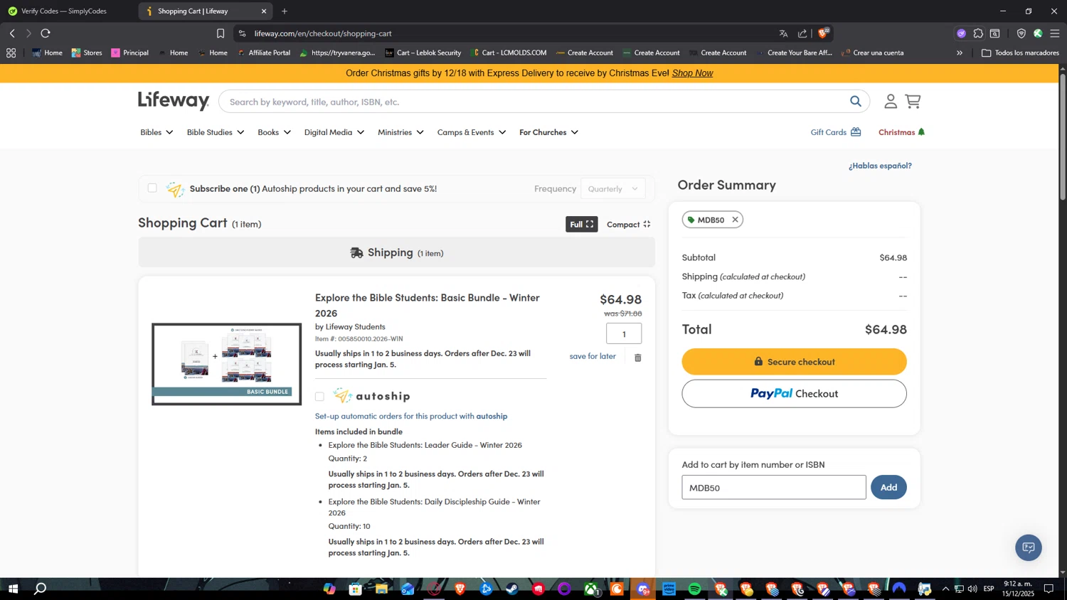 Lifeway Christian Resources promo code screenshot showing code MDB50 applied at Lifeway Christian Resources checkout page. Uploaded by SimplyCodes community member Nulo0000 on Dec 15, 2025