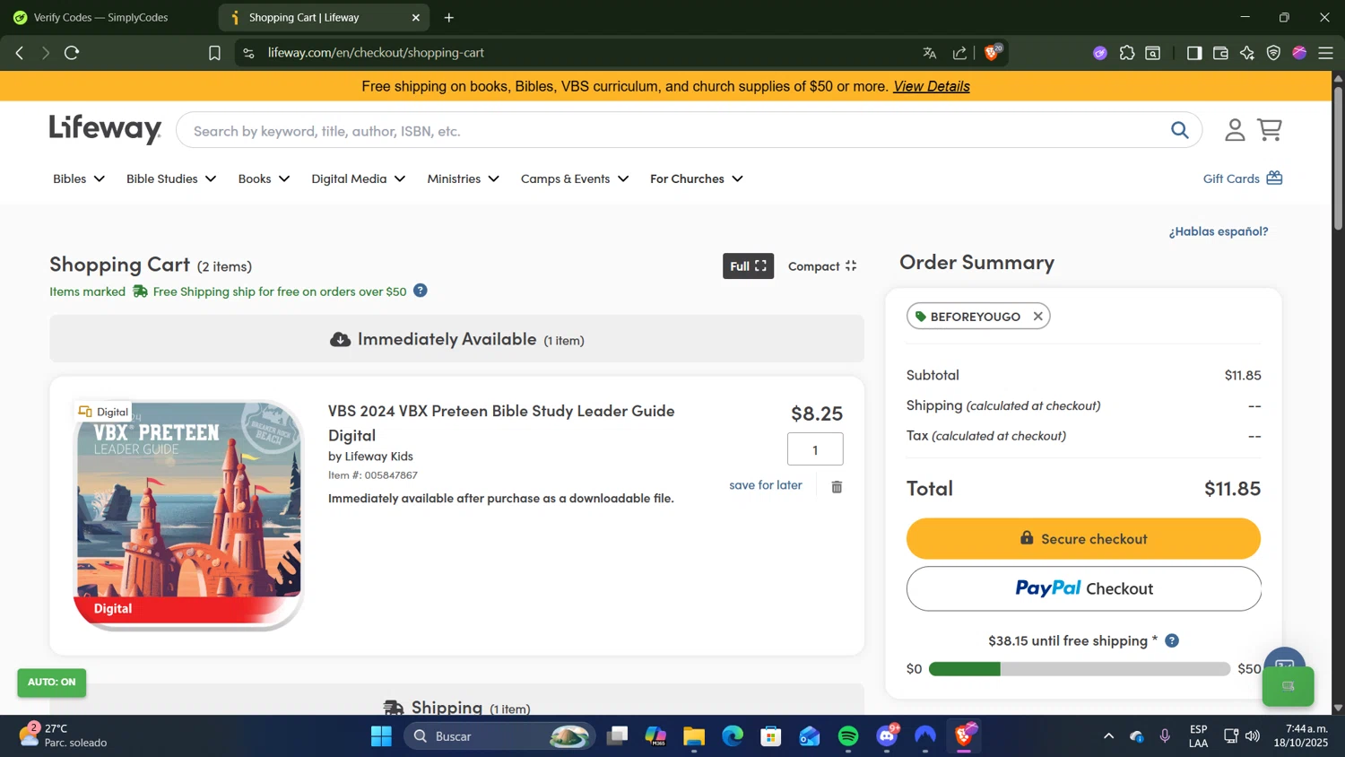 Lifeway Christian Resources promo code screenshot showing code BEFOREYOUGO applied at Lifeway Christian Resources checkout page. Uploaded by SimplyCodes community member CocuydePenca on Oct 18, 2025