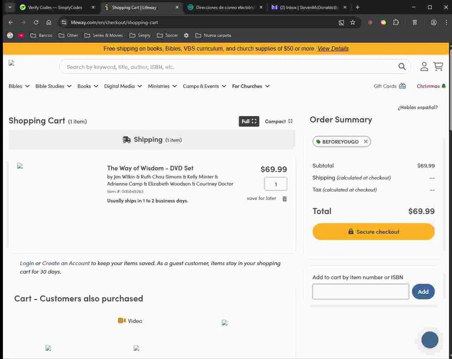 Lifeway Christian Resources promo code screenshot showing code BEFOREYOUGO applied at Lifeway Christian Resources checkout page. Uploaded by SimplyCodes community member JessyRojas on Nov 16, 2025