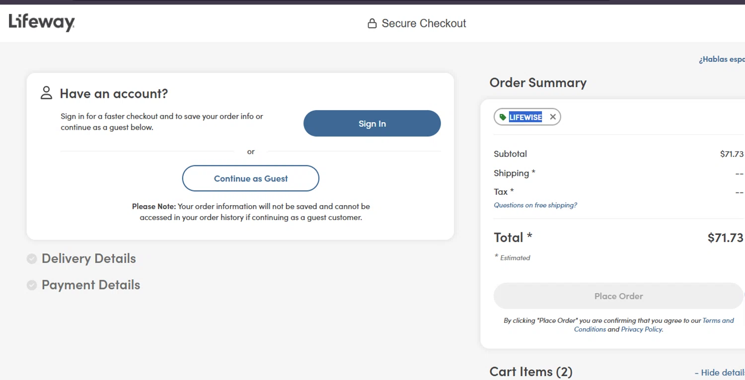 Lifeway Christian Resources promo code screenshot showing code MDB50 applied at Lifeway Christian Resources checkout page. Uploaded by SimplyCodes community member ashe1986 on Jul 21, 2025