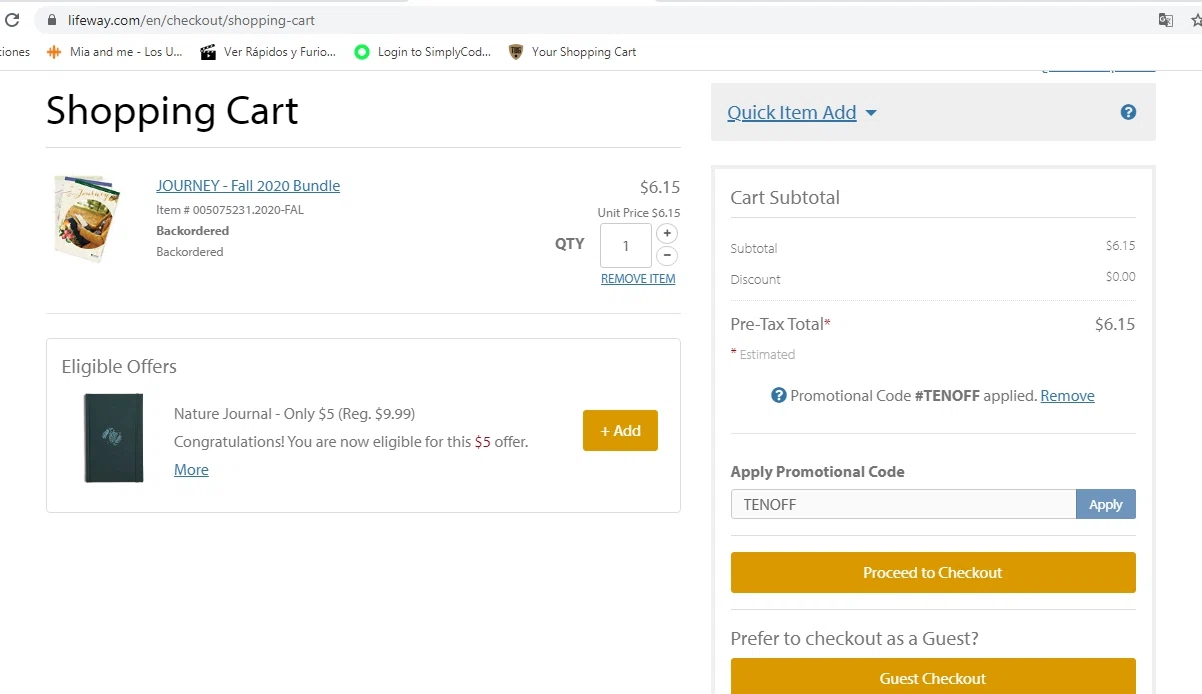 LifeWay Stores checkout page showing LifeWay Stores promo code box | Screenshot taken by SimplyCodes community member on Aug 9, 2020