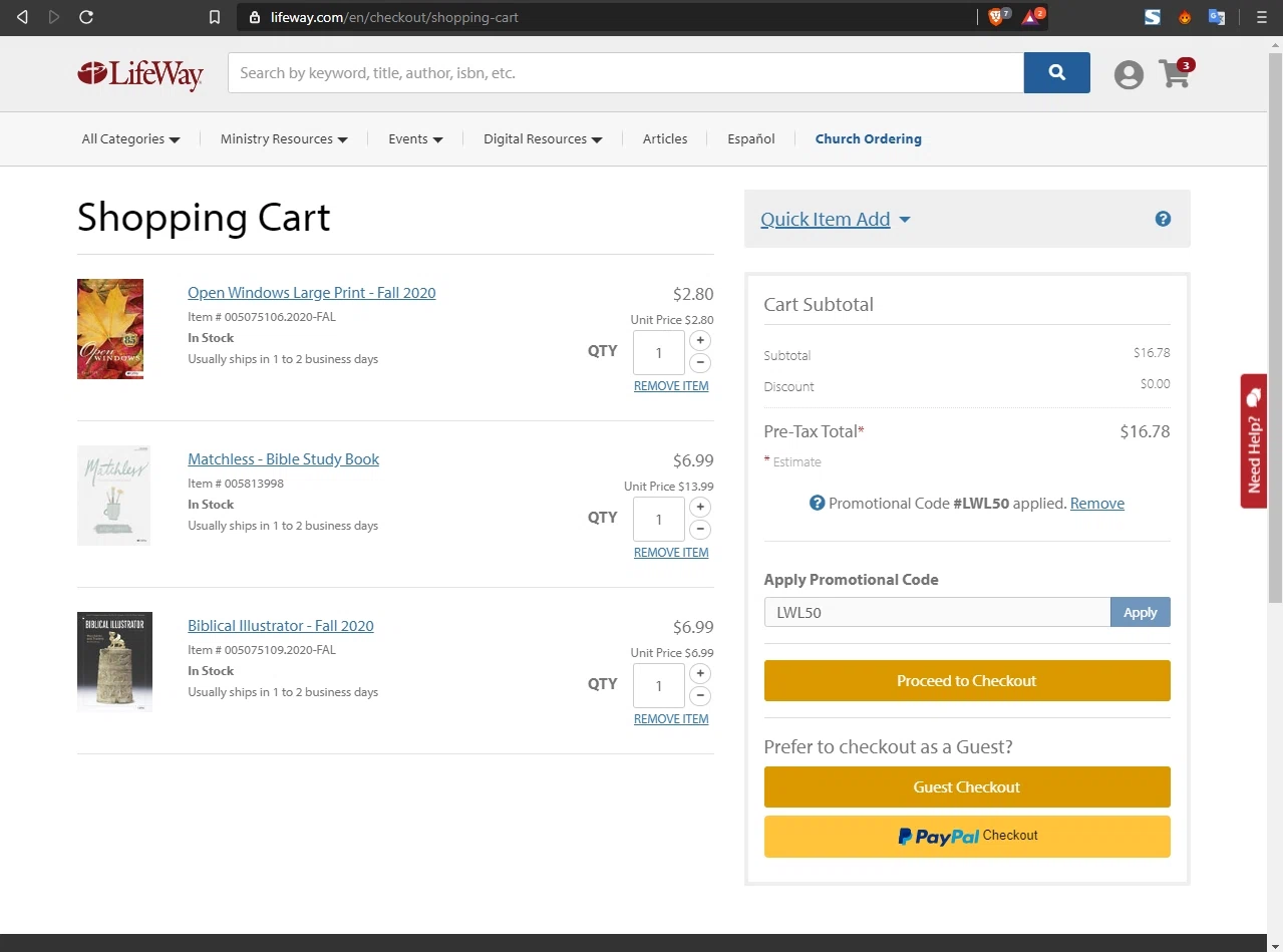 LifeWay Stores checkout page showing LifeWay Stores promo code box | Screenshot taken by SimplyCodes community member on Aug 11, 2020