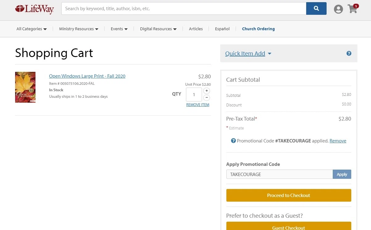 LifeWay Stores checkout page showing LifeWay Stores promo code box | Screenshot taken by SimplyCodes community member on Aug 11, 2020