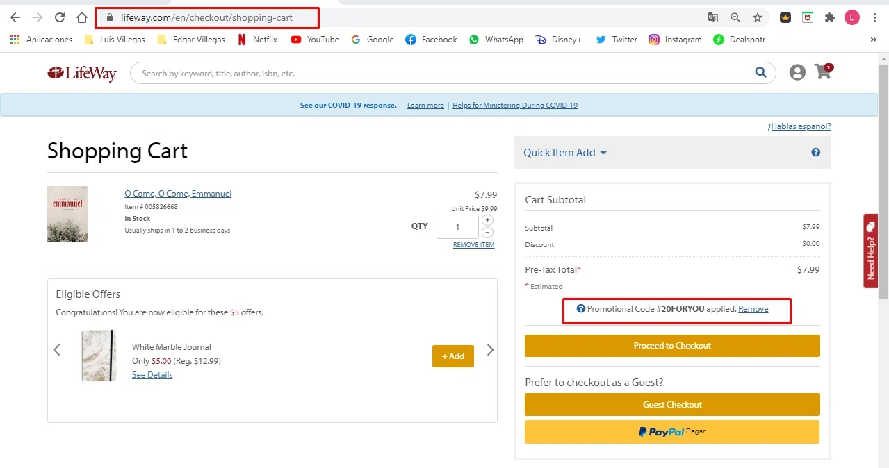 LifeWay Stores checkout page showing LifeWay Stores promo code box | Screenshot taken by SimplyCodes community member on Oct 25, 2020