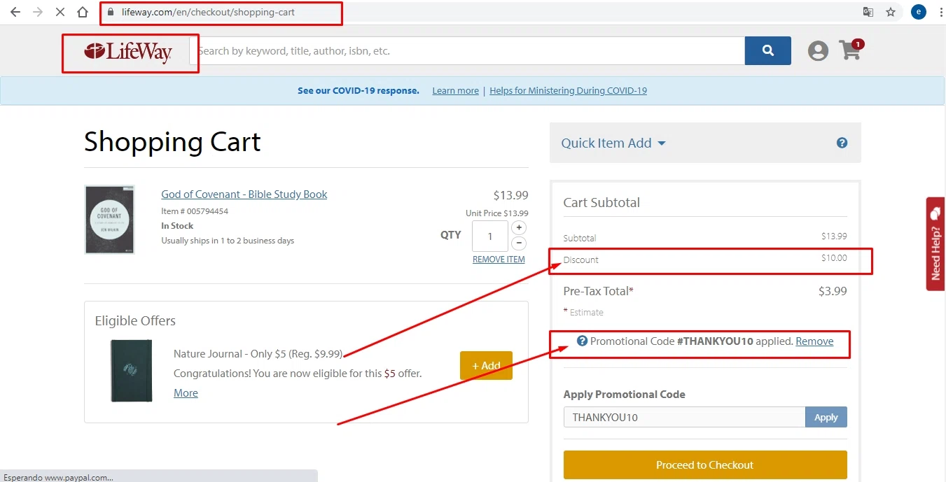 LifeWay Stores checkout page showing LifeWay Stores promo code box | Screenshot taken by SimplyCodes community member on Aug 21, 2020