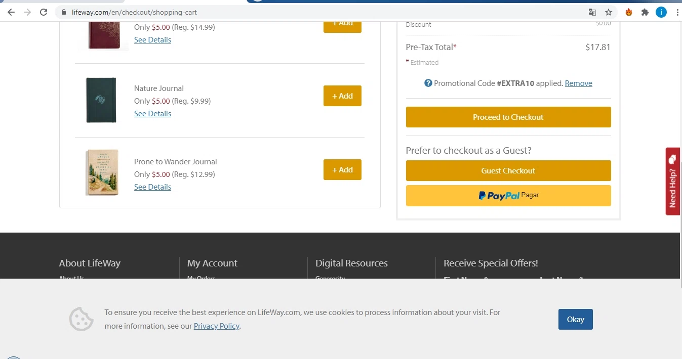 LifeWay Stores checkout page showing LifeWay Stores promo code box | Screenshot taken by SimplyCodes community member on Sep 17, 2020