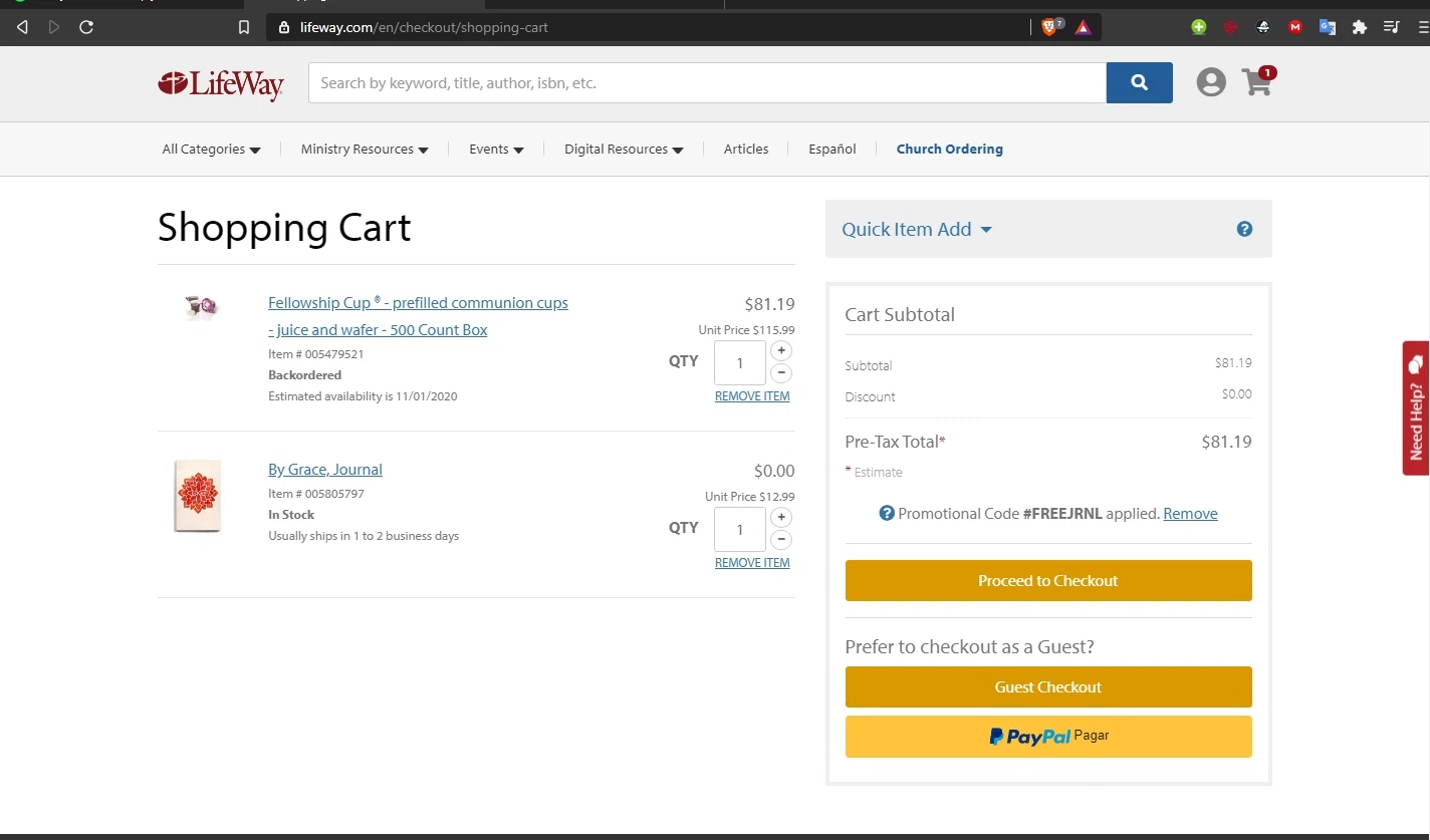 LifeWay Stores checkout page showing LifeWay Stores promo code box | Screenshot taken by SimplyCodes community member on Oct 9, 2020