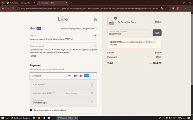 Liffner checkout page showing Liffner discount code box | Screenshot taken by SimplyCodes community member on Aug 15, 2025