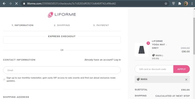 Liforme checkout page showing Liforme discount code box | Screenshot taken by SimplyCodes community member on May 16, 2021