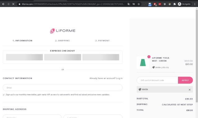 Liforme checkout page showing Liforme discount code box | Screenshot taken by SimplyCodes community member on May 16, 2021