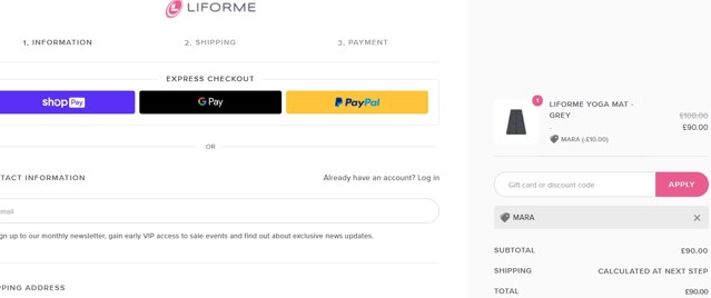 Liforme checkout page showing Liforme discount code box | Screenshot taken by SimplyCodes community member on May 16, 2021