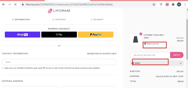 Liforme checkout page showing Liforme discount code box | Screenshot taken by SimplyCodes community member on May 16, 2021