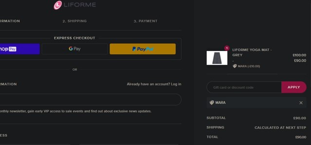 Liforme checkout page showing Liforme discount code box | Screenshot taken by SimplyCodes community member on May 16, 2021